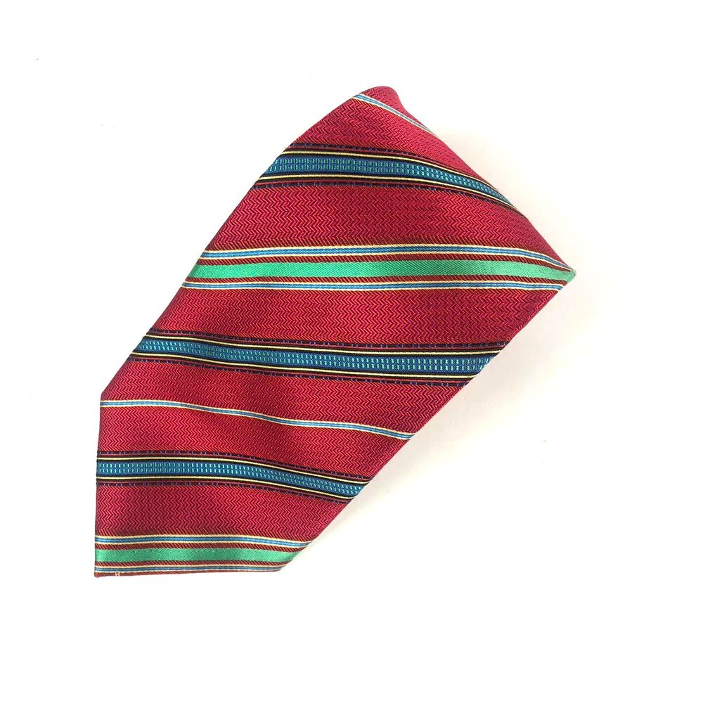 Daniel de Fasson Tie Red Green Blue Stripe 100% Silk Handmade Herringbone Neck